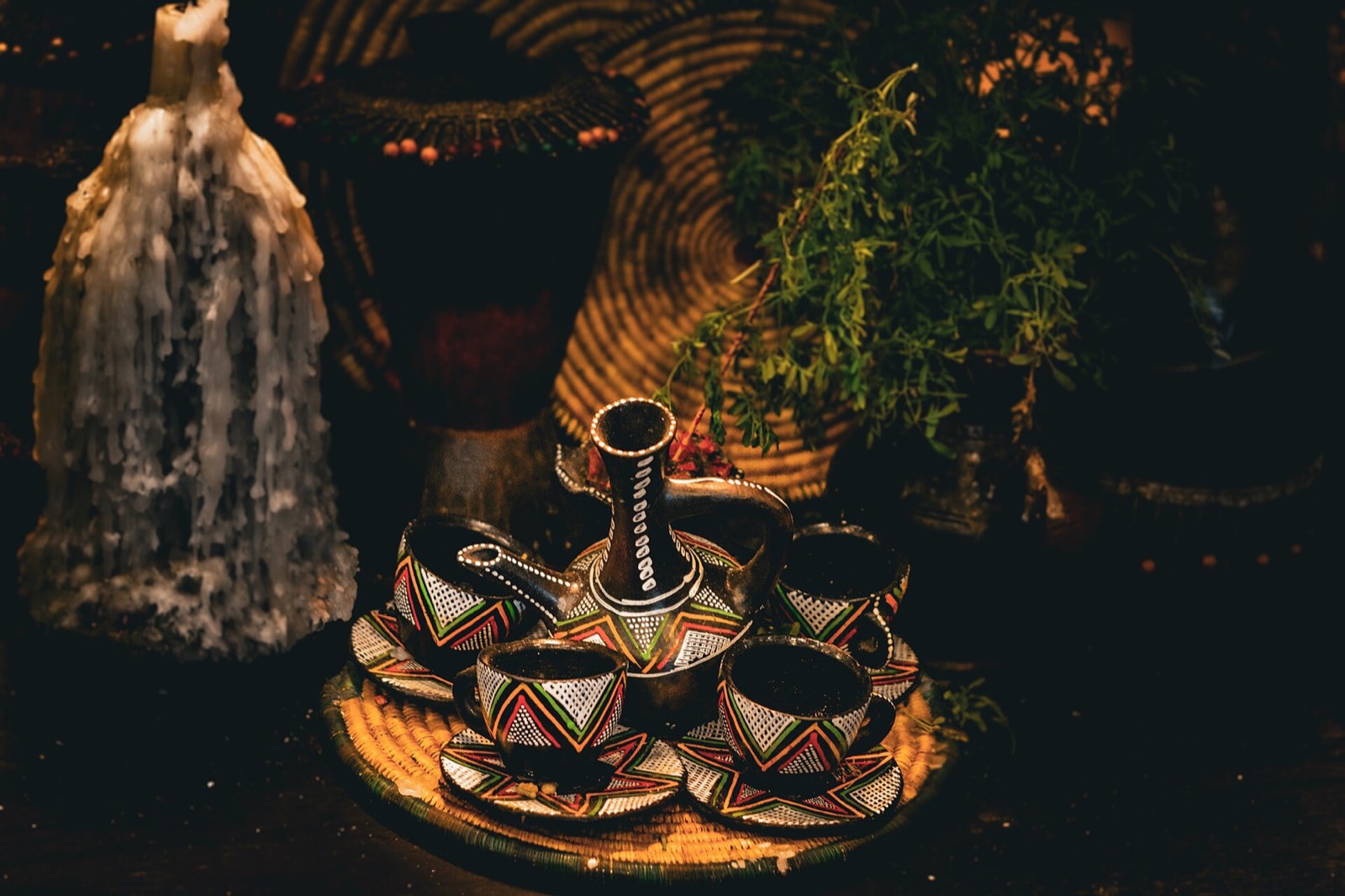 A jebena coffee pot and cups for the coffee ceremony
